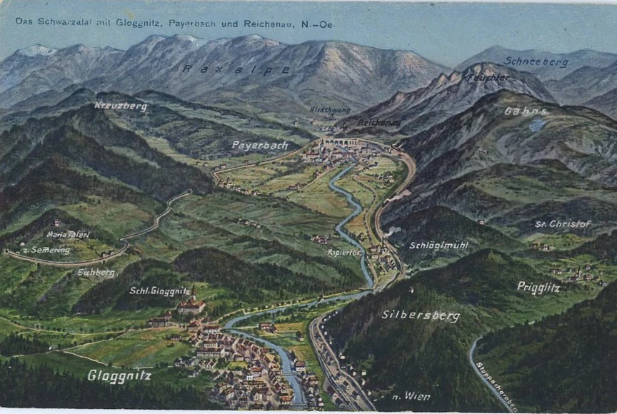 Historische Panoramakarte des Schwarzatals mit Gloggnitz, Payerbach, Reichenau, Raxalpe und Schneeberg